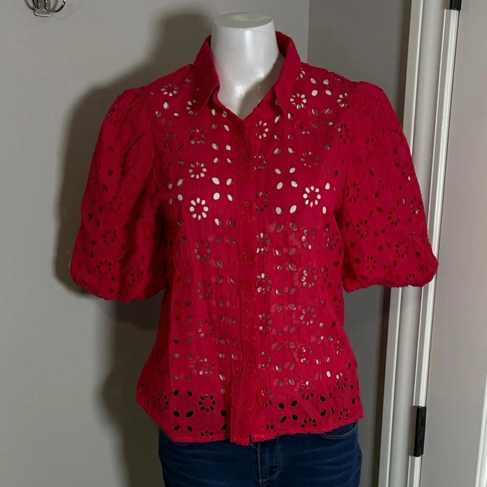 Anna Kay Red Embroidered Eyelet Blouse Button Front Puff Sleeve France Sz L